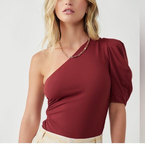 Free People Bodysuit One Sleeve Puff Shoulder Size Medium New - Picture 2 of 5